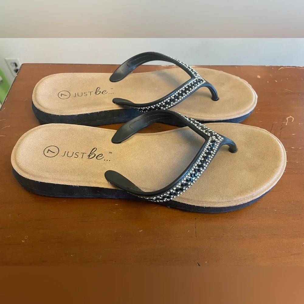 Just be Black Rhinestone T-Strap Sandals